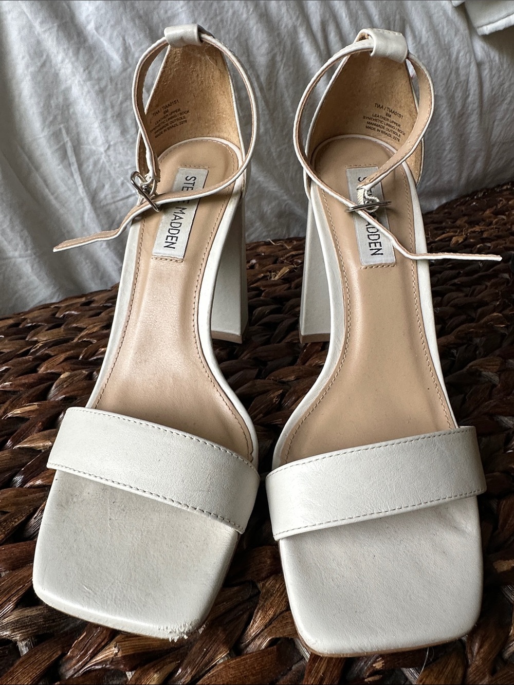 Steve Madden White Square-Toe Ankle-Strap Block Heels
